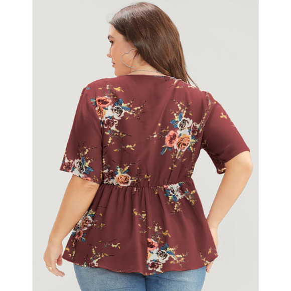 Bloomchic Burgundy Floral Print Wrap Ruffles Asymmetrical Hem Blouse 12 NWT - Picture 2 of 4